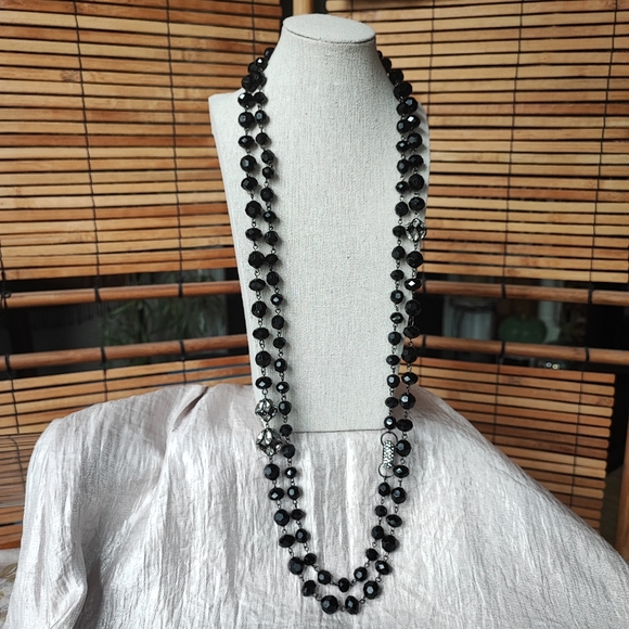 Dramatic Opera Length Black Plastic Faceted Glass Clear Rhinestone Bead Necklace - Picture 1 of 15